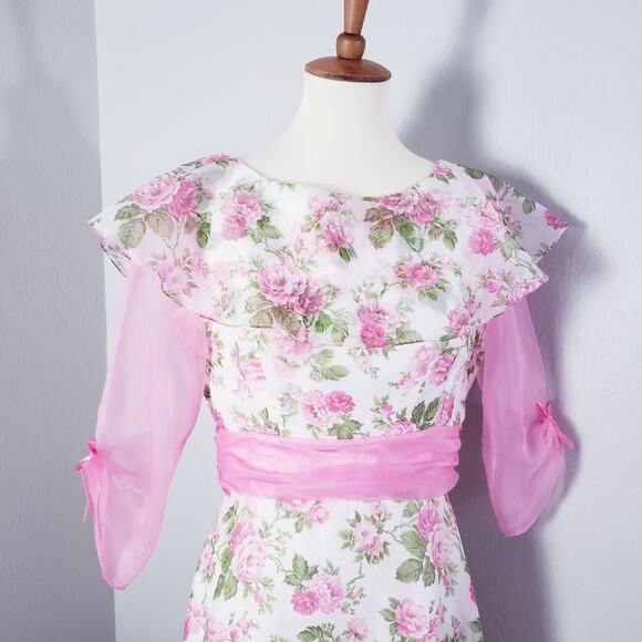 Vintage 70s Sylvia Ann Rose Floral Maxi Gown Regencycore Cottagecore Pink 14 - Picture 15 of 16